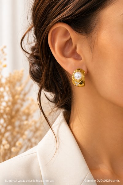 OVO SHOP Pearl Detailed Gold Earrings with Stones Vintage Steel Women's Earrings