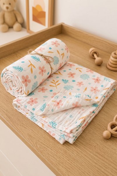HEİANMONO Baby Blanket 100% Cotton 2 Layers Muslin Floral Patterned (140X120 cm)