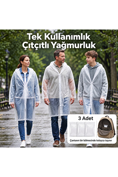 O.M.D Disposable Raincoat 3 Pieces – Transparent, with Hood, Snap Fasteners, ...