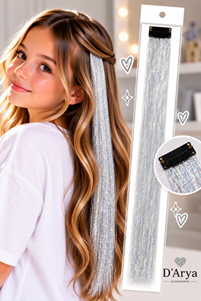 D’Arya Gümüş Gri Çıtçıtlı Tinsel Saç Postişi 40–45 cm Gelin Teli – Silver Clip-In Hair Tinsel DD818