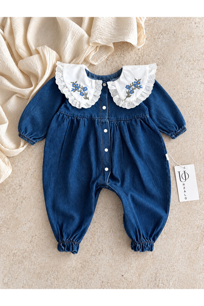 Jammybaby Jena Jean Premium Vintage Yaka Nakışlı Dantelli Kız Bebek Kot Tulum