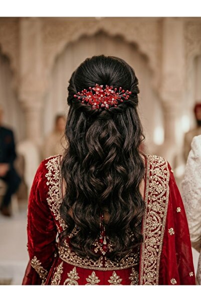 Merio tasarım Red Crystal Crown, wedding, engagement, promise, henna Hair Acc...