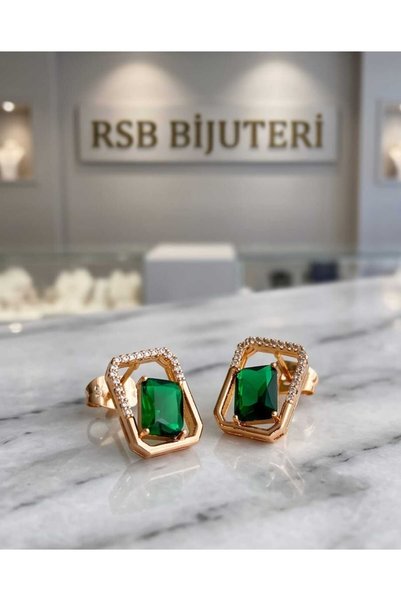 RSB Bijuteri Küpe LÜXE Seri yeşil taşlı gold/rose renk kaplama + hediye paketi