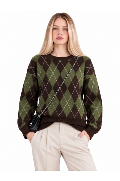ModaAzen Green Navy Blue Diamond Pattern Crew Neck Oversize Women's Knitwear ...
