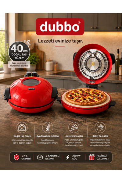dubbo CAMLİ 40 CM TAŞ TABAN KIRMIZI 2000 W.FİRİN+HEDİYELİ