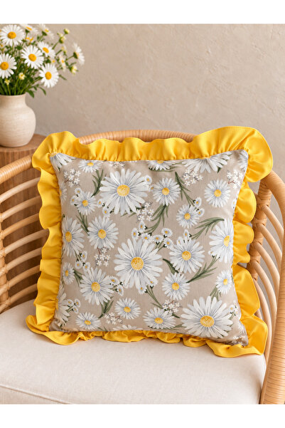 Decamor home Roza Ruffled Beige Yellow Throw Pillow Cover Daisy Pattern