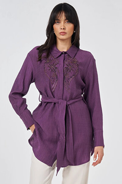 Kayra Bead Embellished Lyocell Viscose Tunic Eggplant Purple