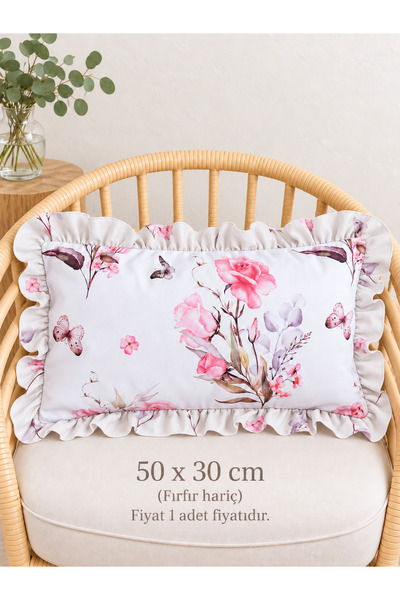 Decamor home Roza Rose Patterned Ruffled Throw Pillow Cover Pink 1 Pc