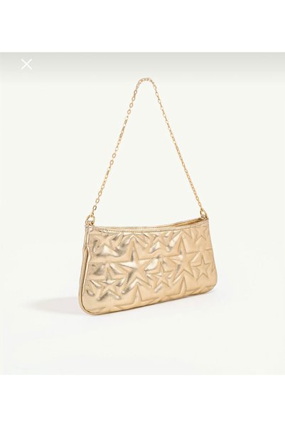 Elviora Gold Patent Leather Star Patterned Women's Shoulder Bag with Gold Chain Strap