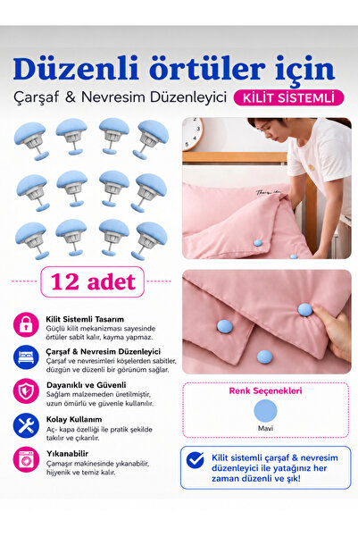 KÜÇÜK EW Pratik 12'li Mantar Şeklinde Yorgan Sabitleme Iğnesi Düğmeli Klips Ç...