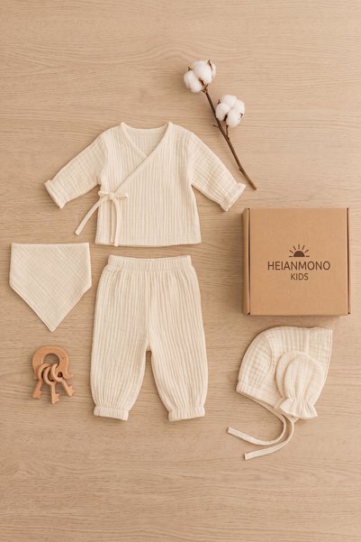 HEİANMONO Newborn Baby Set 10 Pieces & 4 Layers Muslin 100% Cotton (Baby Girl-Unisex)
