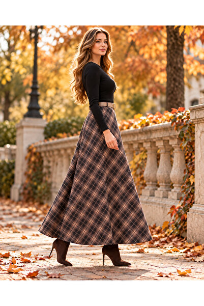 ARİF AKKAYA Autumn Elegance Belted Plaid Plus Size Long Skirt