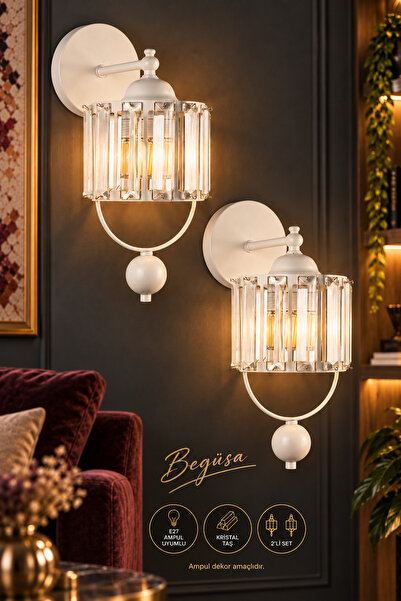 Begüsa 2 Adet Galon Aplik Lux Kristal Beyaz, Modern Dekoratif Aplik, Duvar Ay...