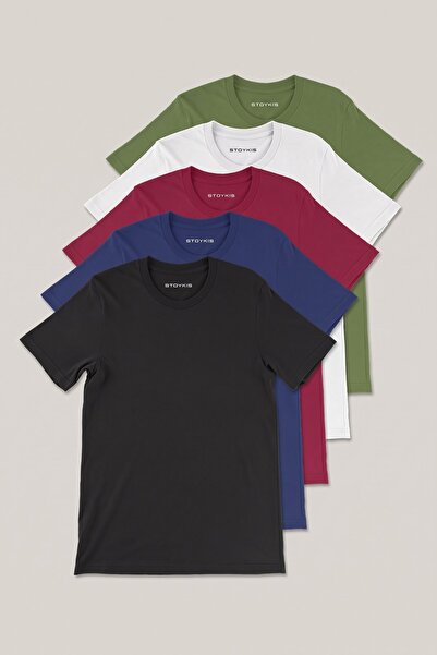 Stoykis Erkek Yeşil Beyaz Bordo Lacivert Siyah %100 Pamuklu 5 Li T-shirt Pake...