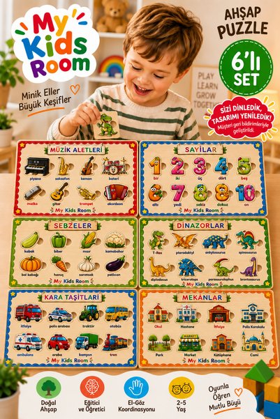 My Kids Room 6-Piece Wooden Puzzle Set Educational Learning Find & Match Puzzle Musical Instruments Numbers Vegetables Dinosaurs Land Vehicles Places