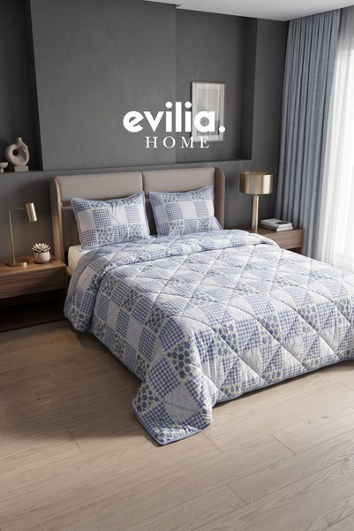 Merinos Comforter Çift Kişilik Yorgan Seti Mavi Çiçekli