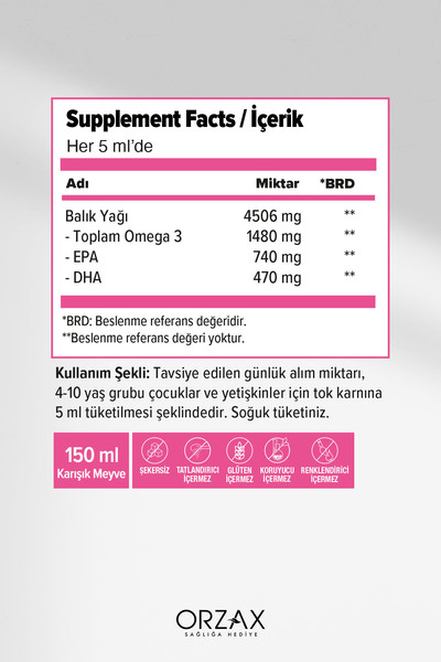 Orzax Ocean Balık Yağı Şurubu KARIŞIK Meyve Aromalı 150ml