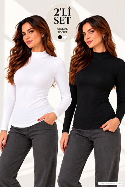 penyebizden Tricou pentru damă, cu guler în picioare, slim fit, pachet de 2-a...