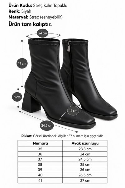 Scarpebutik Kadın Siyah Küt Burun Deri Sade Kalın Topuklu Yandan Fermuarlı Streç Bot