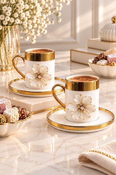 YzHome 2 Li Gold Yaldızlı Porselen Lotus Çiçek Kahve Fincan Takımı 100ml