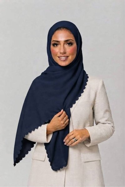 Veil Designer طرحة تركي الون كحلي بشغل اويه تطريز يدوي علي ثلاثة اطراف بقماش ...