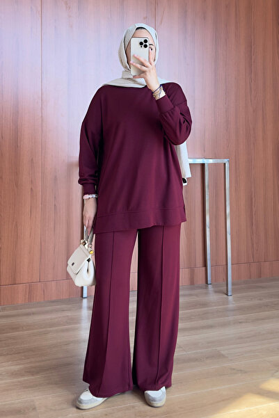 Feela Moda Oysh Modal Kumaş Oversize Tesettür Tunik Σετ 2020 Βουργουνδίας