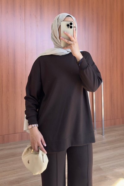 Feela Moda طقم تونيك إسلامي كبير الحجم من قماش مودال من Oysh 2020 بني
