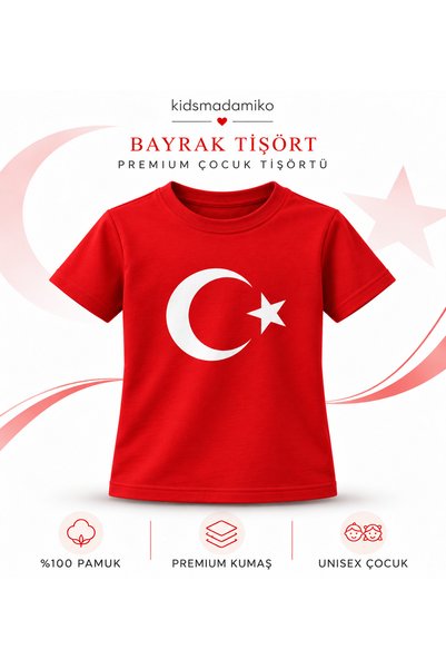 Kidsmadamiko %100 Pamuk Unisex Çocuk Kırmızı Türk Bayraklı Ay Yıldız Baskılı Tişört 29 Ekim 23 Nisan