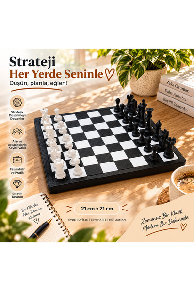 21x21 cm Satranç Takımı | Taşınabilir Satranç Seti | Siyah Beyaz Strateji ve Zeka Oyunu