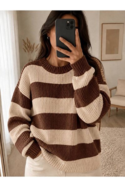pepule Oversize Kalıp Örgü detaylı yan çizgili kadın Triko Kazak