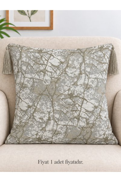 Decamor home Ekru Yeşil Püsküllü Kırlent Kılıfı
