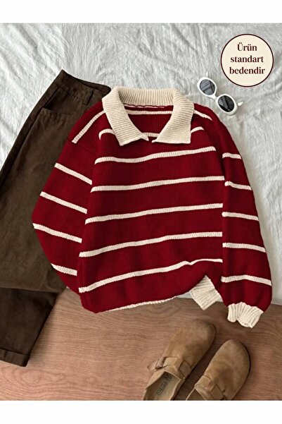 pepule Çizgili Polo Yaka Selanik Örgü Oversize Kadın Triko Kazak