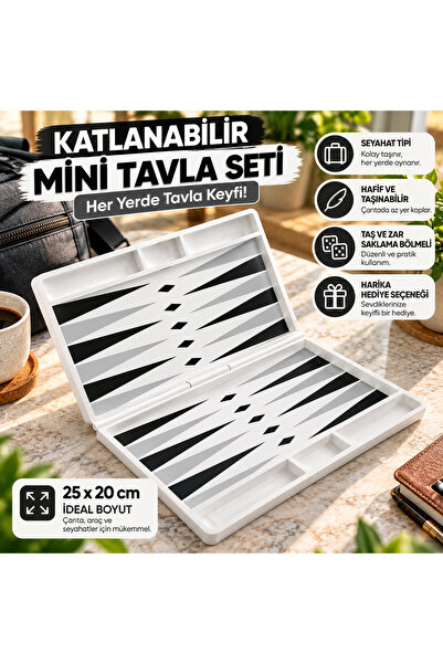 Katlanabilir Tavla Seti 25x20 cm | Seyahat Tavlası | Taşınabilir Masa Oyunu | Siyah Beyaz Modern Tasarım