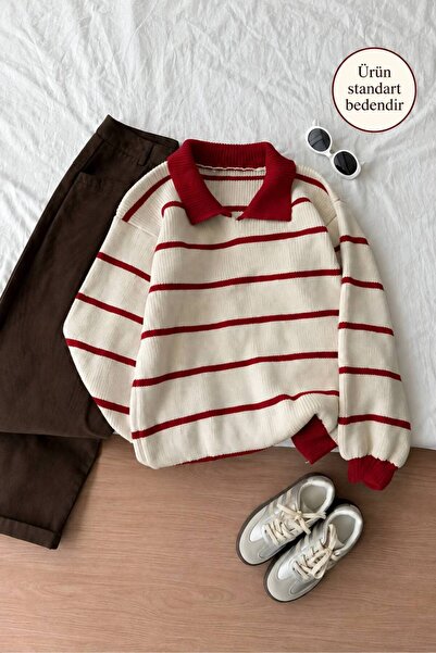 pepule Çizgili Polo Yaka Selanik Örgü Oversize Kadın Triko Kazak