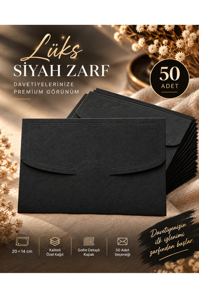 DP Mühür 50 Adet Premium 14x20 cm Gofre Desenli Lüks 300 gr Siyah Renk Daveti...