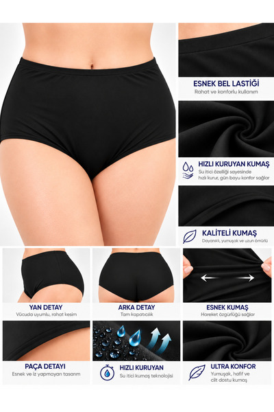 Kadın Büyük Beden Yüksek Bel Likralı Kumaş Toparlayıcı Deniz & Havuza Uygun Bikini Altı