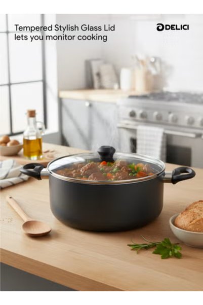 DELICI Nonstick Cookware Set 8 Pcs, Aluminium Pots & Pans Set with Glass Lids, Casserole 24cm & 20cm, Saucepan 18cm, Frypan 24cm, PFOA Free, Dishwasher Safe, All Cooktops - NCS8G