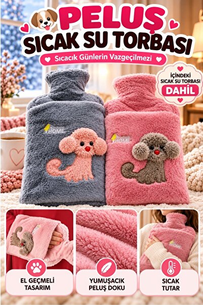 İndirimKap Peluş Kılıflı Köpek Emojili Sıcak Su Torbası 2 Litre Cepli El Geçm...