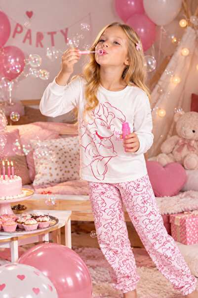 Minnie Mouse Girl's Printed Long Sleeve Beige Pink Pajama Set (Beware of Size...