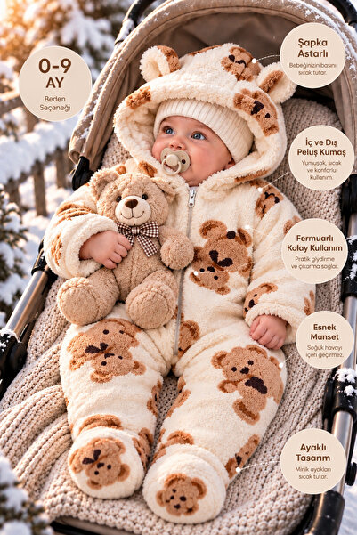 Canini Bebek Welsoft Tulum Kapüşonlu Peluş Kışlık Fermuarlı Bebek Tulum