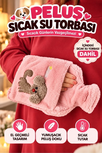 Kitchen Beauty Peluş Kılıflı Köpek Emojili Sıcak Su Torbası 2 lt Cepli El Geçmeli Sıcak Su Torbası El Isıtıcı