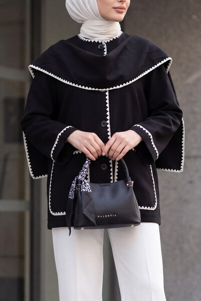 Modamorfo Buttoned Front Scarf Pocket Jacket - Black