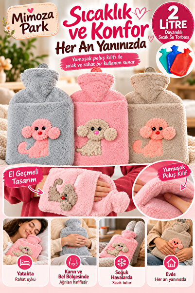 M Mimoza Park Plush Covered Hot Water Bag with Dog Emoji 2 Liters