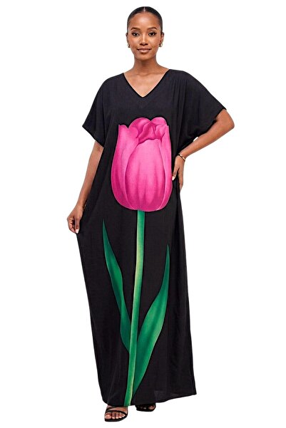 Generic Brand Women's Black Tulip print Maxi Dress