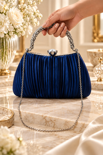 Famels Navy Blue Evening Dress Bag Pilseli Bag Pearl Locking Evening Dress Ba...