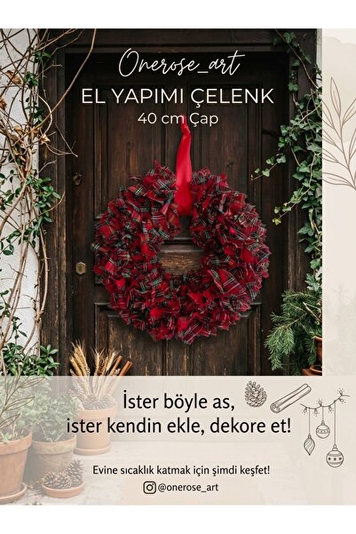 Onerose Art El Yapımı Kumaş Kapı Çelengi 40 cm – Kırmızı Ekose Dekoratif Kapı ve Duvar Süsü