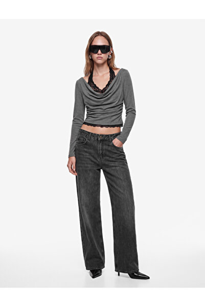 Koton Viscose Blended Slim Fit Long Sleeve Lace Detailed Halter Neck T-Shirt