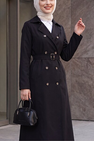 Modamorfo Double Button Belted Trench Coat - Black