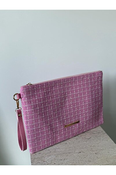 lalettobags Kadın Pembe Tüvit Kumaş Tablet Boy Clutch Çanta