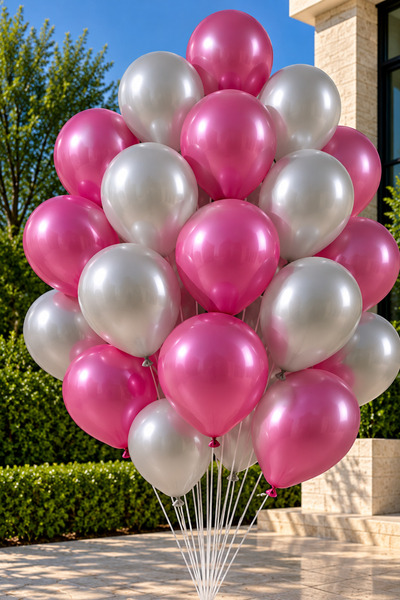 Parti dolabı 25 Metallic Dark Pink, Fuchsia-Silver Gray Helium Flying Balloons